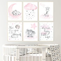 Nursery decor girl elephant, giraffe, bear, pink grey nursery, pink gray, girl nursery room decor, cloud, moon, stars, set of 6 prints