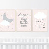 Blush nursery decor, dream big little one, moon, cloud, stars, pale pink, girl nursery wall art, girl nursery room ideas, set of 3 prints