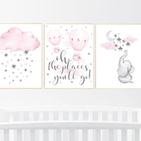 Nursery decor girl elephant, pink grey nursery, pink gray, hot air balloon, cloud, moon and stars, nursery wall art, girl nursery ideas