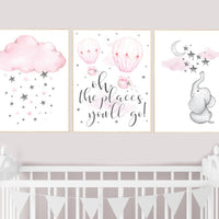 Nursery decor girl elephant, pink grey nursery, pink gray, hot air balloon, cloud, moon and stars, nursery wall art, girl nursery ideas