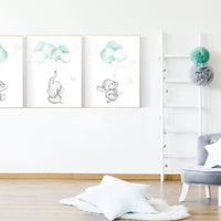 Mint nursery wall art, gender neutral, elephant nursery wall art, animal prints, elephant balloon print, mint green, twin nursery, balloons