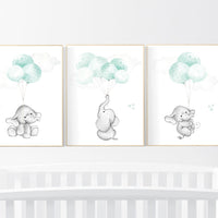 Mint nursery wall art, gender neutral, elephant nursery wall art, animal prints, elephant balloon print, mint green, twin nursery, balloons