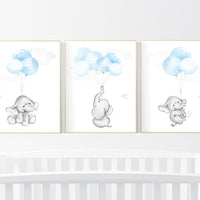 Blue nursery decor, elephant nursery wall art, nursery decor boy elephant, animal prints, baby room, baby blue nursery, elephant balloon