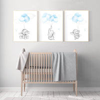 Blue nursery decor, elephant nursery wall art, nursery decor boy elephant, animal prints, baby room, baby blue nursery, elephant balloon