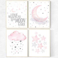 Nursery decor girl, pink grey nursery prints, Nursery wall art girl, we love you to the moon and back, pink gray nursery, moon, cloud, stars