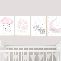 Nursery decor girl, pink grey nursery prints, Nursery wall art girl, we love you to the moon and back, pink gray nursery, moon, cloud, stars