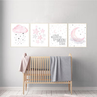 Nursery decor girl, pink grey nursery prints, Nursery wall art girl, we love you to the moon and back, pink gray nursery, moon, cloud, stars