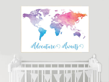 Adventure awaits, World Map Print, watercolor world map, nursery wall art map, adventure nursery decor, travel themed nursery wall art