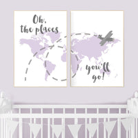 World map, purple nursery decor, lilac, lavender, Oh the places you'll go, travel themed nursery, airplane nursery art, world map wall art