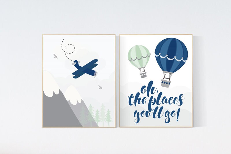 Nursery decor boy adventure, nursery decor mountain, plane nursery, navy mint, boy nursery wall art, adventure nursery, hot air balloons