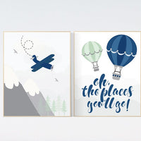 Nursery decor boy adventure, nursery decor mountain, plane nursery, navy mint, boy nursery wall art, adventure nursery, hot air balloons