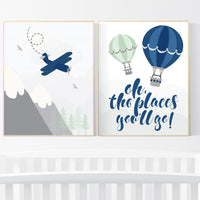 Nursery decor boy adventure, nursery decor mountain, plane nursery, navy mint, boy nursery wall art, adventure nursery, hot air balloons
