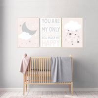 Blush nursery art, you are my sunshine my only sunshine, nursery decor, pale pink, moon nursery, baby girl nursery wall art, pink wall art