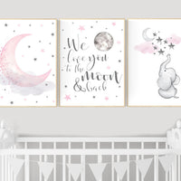 Nursery decor girl pink and gray, elephant nursery, we love you to the moon and back, cloud, moon and stars, pink grey nursery, girl nursery