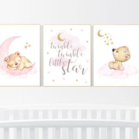Nursery decor girl, bear nursery decor, twinkle twinkle little star, girl wall art, nursery wall art girl nursery pink gold, nursery art