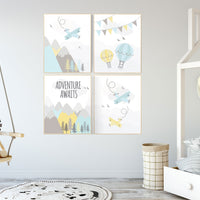 Adventure nursery decor, nursery decor airplane, world map nursery, adventure awaits, yellow blue nursery, travel theme, gender neutral