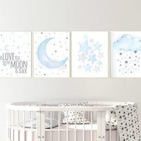 Nursery decor boy, cloud, moon, stars, we love you to the moon and back, boy nursery room, blue grey, blue grey, boy nursery ideas