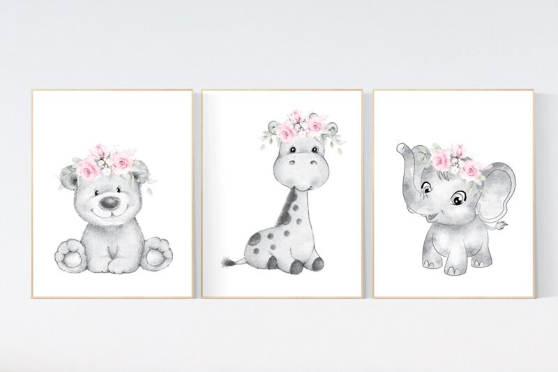 Nursery decor floral jungle, animal prints nursery, elephant, giraffe, bear, nursery decor girl flowers, nursery decor girl pink, pink grey