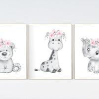 Nursery decor floral jungle, animal prints nursery, elephant, giraffe, bear, nursery decor girl flowers, nursery decor girl pink, pink grey