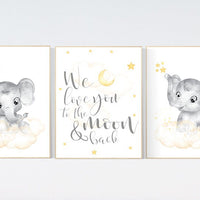 Nursery decor neutral, Yellow nursery, nursery wall art elephant, moon, stars, gender neutral, yellow and gray nursery art, baby room art