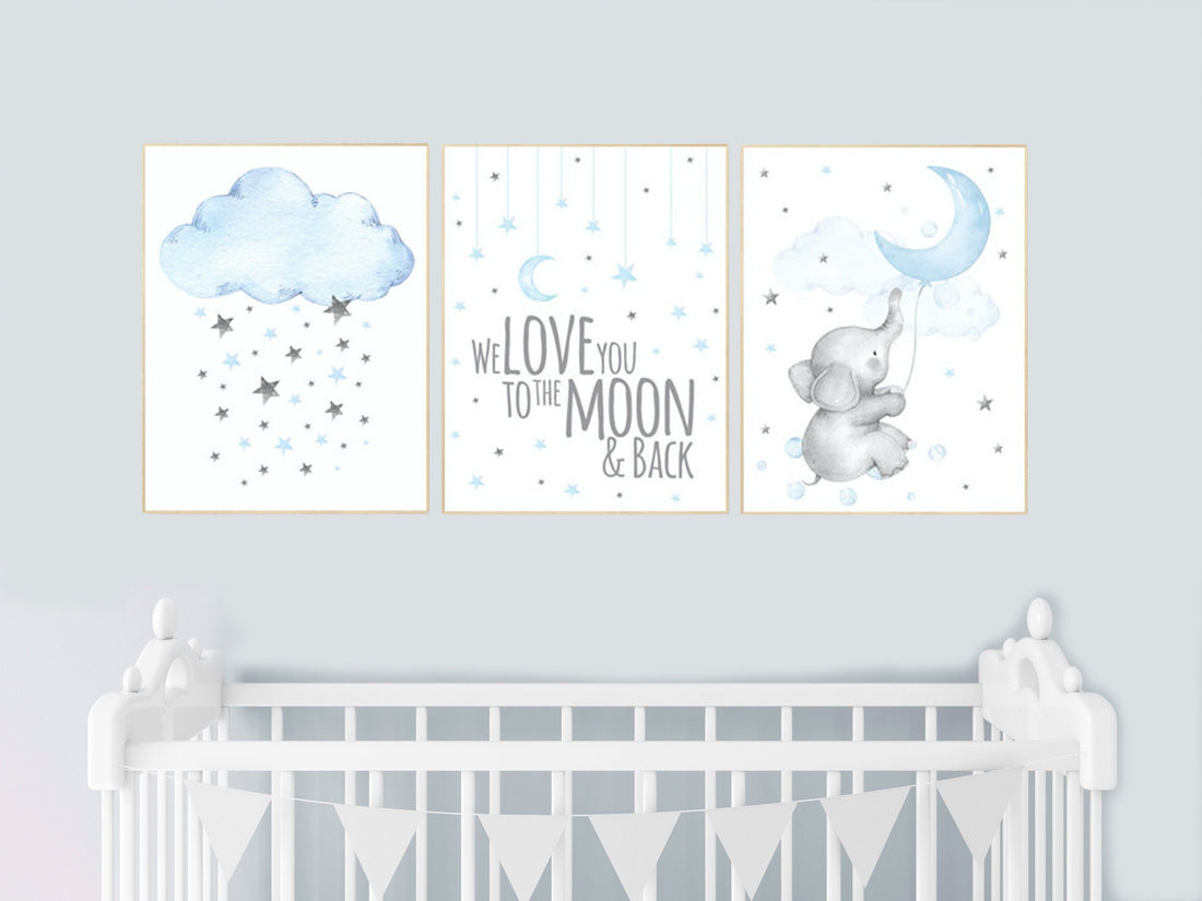 Nursery decor boy elephant, blue gray, grey, moon and cloud, we love you to the moon and back, nursery wall art boy, boy nursery ideas