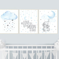 Nursery decor boy elephant, blue gray, grey, moon and cloud, we love you to the moon and back, nursery wall art boy, boy nursery ideas