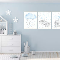 Nursery decor boy elephant, blue gray, grey, moon and cloud, we love you to the moon and back, nursery wall art boy, boy nursery ideas
