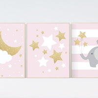 Pink gold nursery, elephant nursery, cloud nursery wall art, pink and gold, baby girl nursery, moon, stars, cloud, girl nursery ideas
