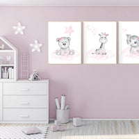 Animal nursery, nursery decor girl pink gray, nursery decor girl woodland animals, teddy bear, elephant, giraffe, baby girl nursery prints