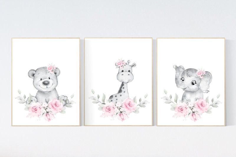 Nursery decor floral jungle, animal nursery, floral nursery, Nursery wall art girl elephant, giraffe, bear, pink flowers, girl nursery ideas