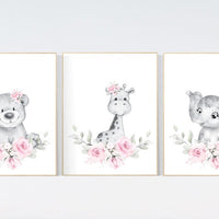 Nursery decor floral jungle, animal nursery, floral nursery, Nursery wall art girl elephant, giraffe, bear, pink flowers, girl nursery ideas