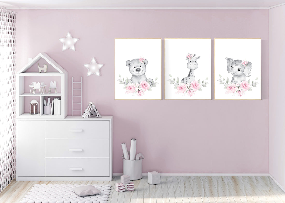 Nursery decor floral jungle, animal nursery, floral nursery, Nursery wall art girl elephant, giraffe, bear, pink flowers, girl nursery ideas