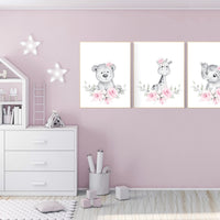 Nursery decor floral jungle, animal nursery, floral nursery, Nursery wall art girl elephant, giraffe, bear, pink flowers, girl nursery ideas