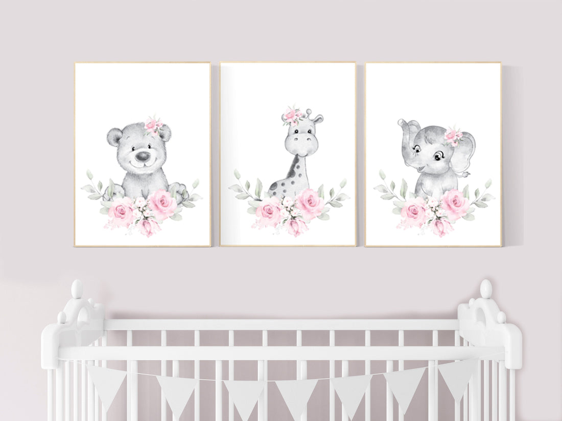 Nursery decor floral jungle, animal nursery, floral nursery, Nursery wall art girl elephant, giraffe, bear, pink flowers, girl nursery ideas
