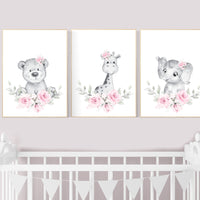 Nursery decor floral jungle, animal nursery, floral nursery, Nursery wall art girl elephant, giraffe, bear, pink flowers, girl nursery ideas