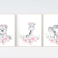 Floral jungle animals, elephant, bear, giraffe, Nursery wall art girl, girl nursery ideas, pink grey, nursery wall art girl flowers, pink