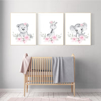 Floral jungle animals, elephant, bear, giraffe, Nursery wall art girl, girl nursery ideas, pink grey, nursery wall art girl flowers, pink