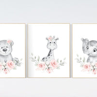 Blush nursery, Floral jungle animals, nursery decor girl flowers, blush pink, nursery decor girl boho, floral nursery prints, elephant, bear
