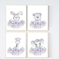 Purple nursery, floral jungle animals, boho nursery, woodland animals, lilac, elephant, bear, giraffe, bunny, animal prints, lilac, lavender