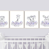Purple nursery, floral jungle animals, boho nursery, woodland animals, lilac, elephant, bear, giraffe, bunny, animal prints, lilac, lavender
