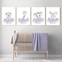 Purple nursery, floral jungle animals, boho nursery, woodland animals, lilac, elephant, bear, giraffe, bunny, animal prints, lilac, lavender