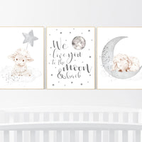 Sheep nursery decor, Gray nursery decor, nursery decor lambs, nursery wall art sheep, moon and cloud wall art nursery gender neutral nursery