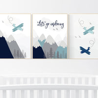 Adventure nursery decor, nursery decor boy adventure, nursery decor boy airplane, let's go exploring, mountain nursery, navy teal