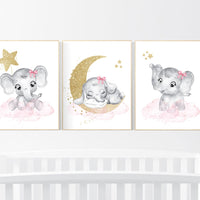 Girl nursery decor, pink and gold, elephant nursery prints, nursery wall art girl, baby girl elephant nursery decor, girl nursery wall art