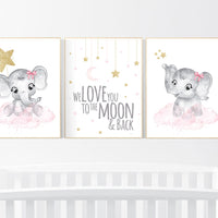 Nursery wall art girl elephant, pink and gold, Nursery decor girl, pink gold nursery prints, animal prints, girl nursery ideas, elephant