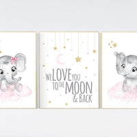 Nursery wall art girl elephant, pink and gold, Nursery decor girl, pink gold nursery prints, animal prints, girl nursery ideas, elephant