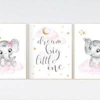 Elephant nursery art, elephant nursery print, pink and gold, Nursery wall art girl elephant, dream big little one, nursery decor girl