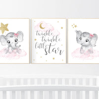 Elephant nursery art, elephant nursery print, pink and gold, Nursery wall art girl elephant, twinkle twinkle little star, nursery decor girl