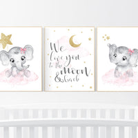 Nursery decor girl, elephant nursery print, pink and gold, Nursery wall art girl, we love you to the moon and back, nursery decor girl