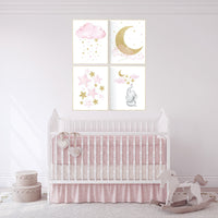Pink and gold nursery, Nursery decor girl elephant, cloud, moon and stars, pink nursery art, girl nursery ideas, pink gold nursery wall art